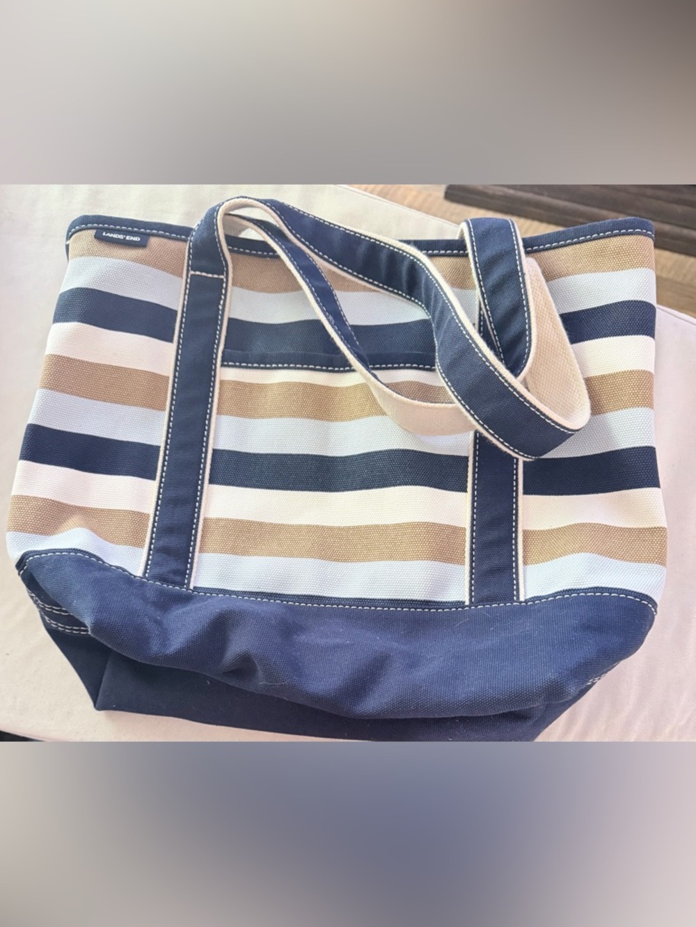 Lands' End Medium Zip Striped Canvas Tote - Navy, White & Tan